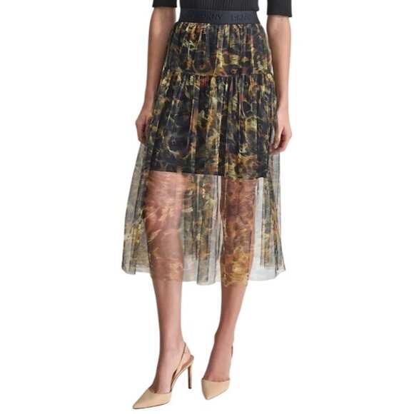 DKNY Logo Band Tulle Leopard Print Midi Skirt Womens Size Large - Picture 10 of 12